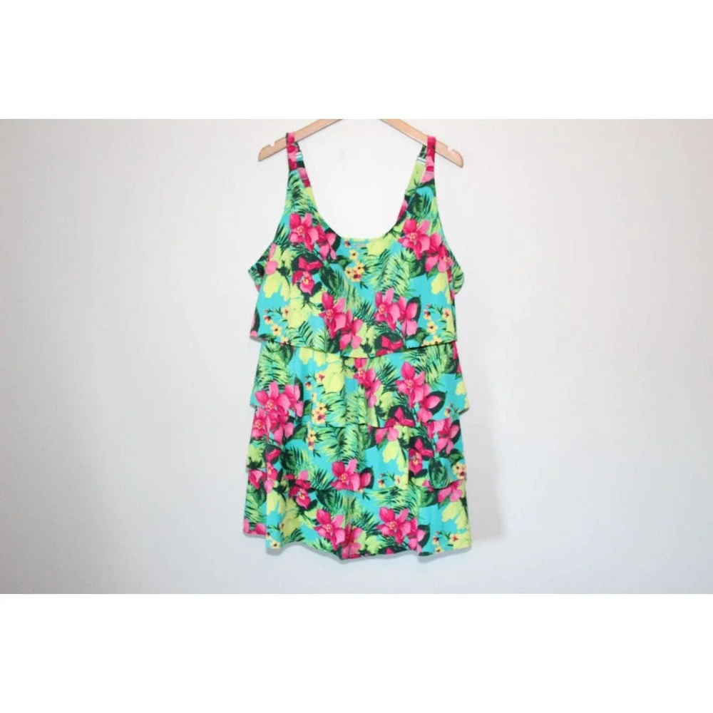 Catherines Tropical Floral Tiered Swimdress One Piece Swimsuit Plus 30W H14335 - Picture 2 of 11